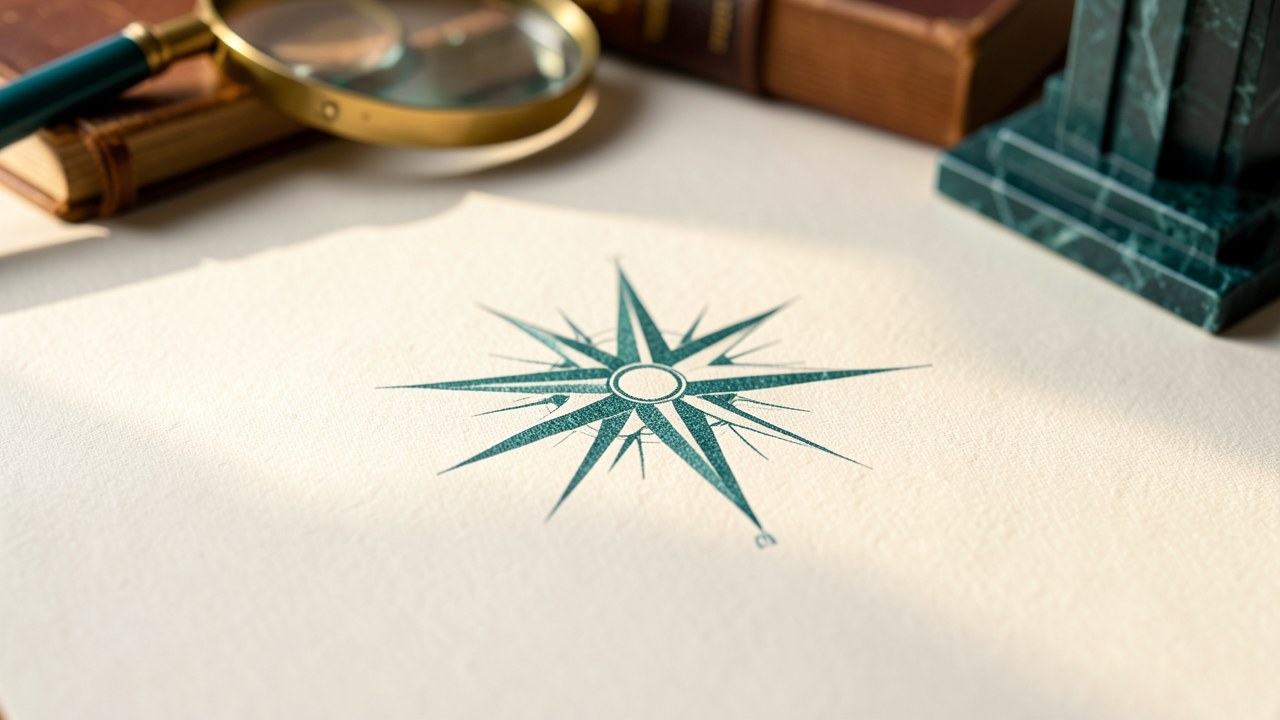 A clear compass rose printed on a warm off-white surface with a soft-focus financial documents in the background, evoking guidance and clarity.