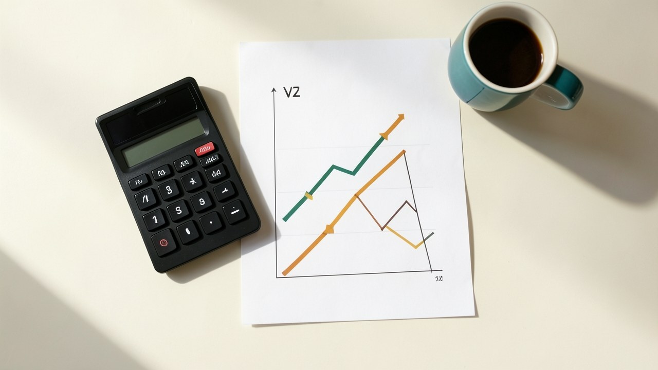 An overhead view of a desk with a calculator, a coffee cup, and a chart showing upward trends, in warm lighting.