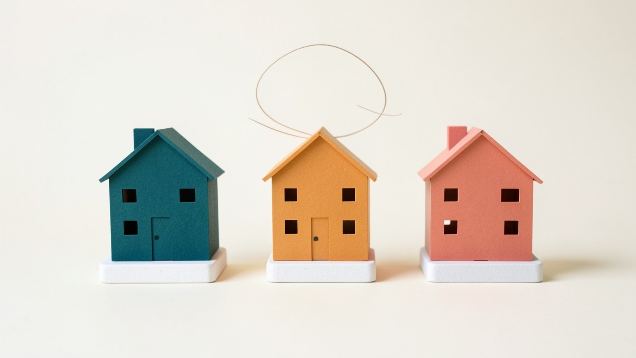 A row of three small houses on a green and yellow background, with a small round chart in the sky, symbolizing different options.