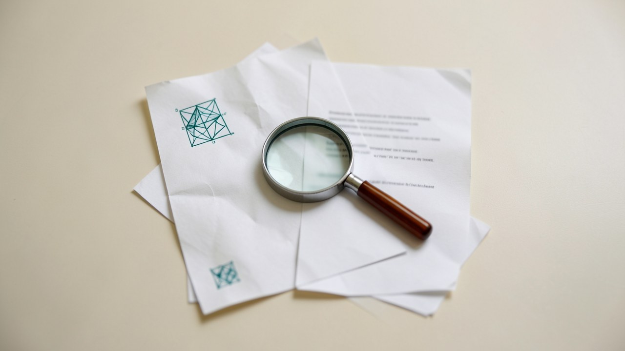 Two overlapping paper documents with a magnifying glass over them, on a clean background, suggesting careful comparison.
