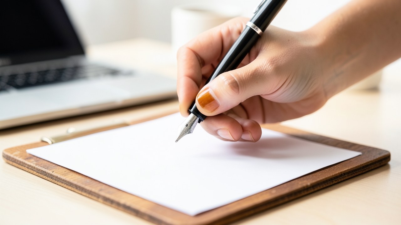 A person's hand holding a pen over a form on a clipboard, with a laptop nearby, ready to fill details.