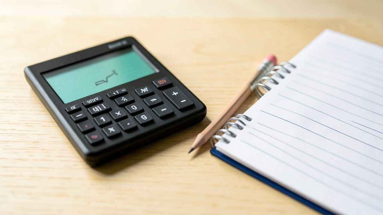 A scientific calculator on a desk with a pencil and a notebook, in warm light.