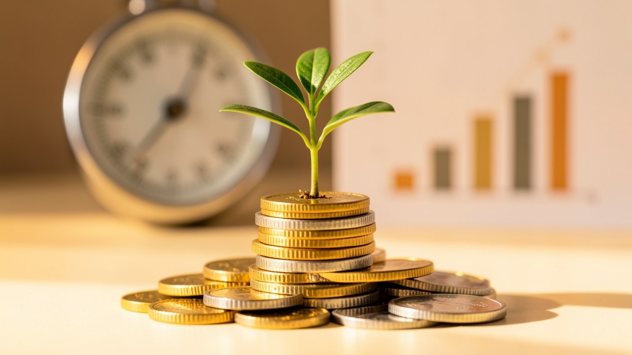 A small plant growing from a stack of coins, with a blurred chart and a round gauge in the background, symbolizing growth.