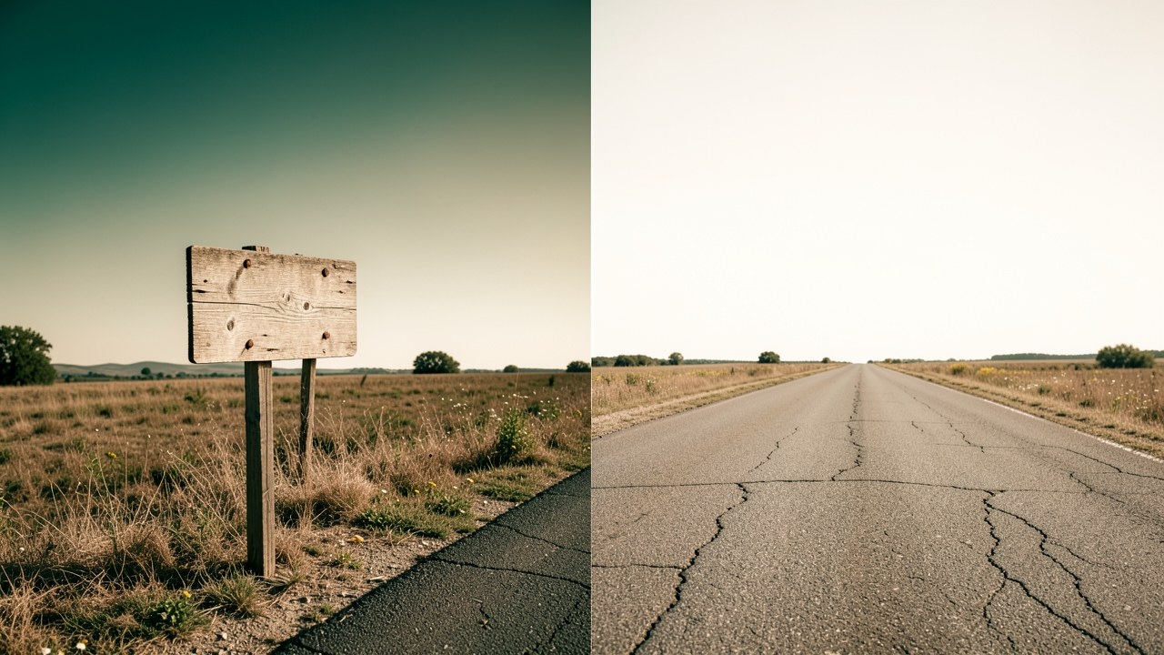 A straight road stretching to the horizon with a signpost, representing loan term choices.