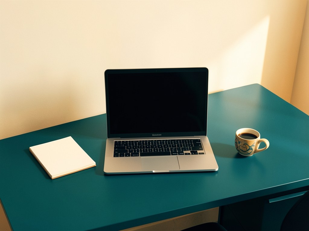 A clean, modern office space with a desk, a notepad, and a computer, in warm tones.
