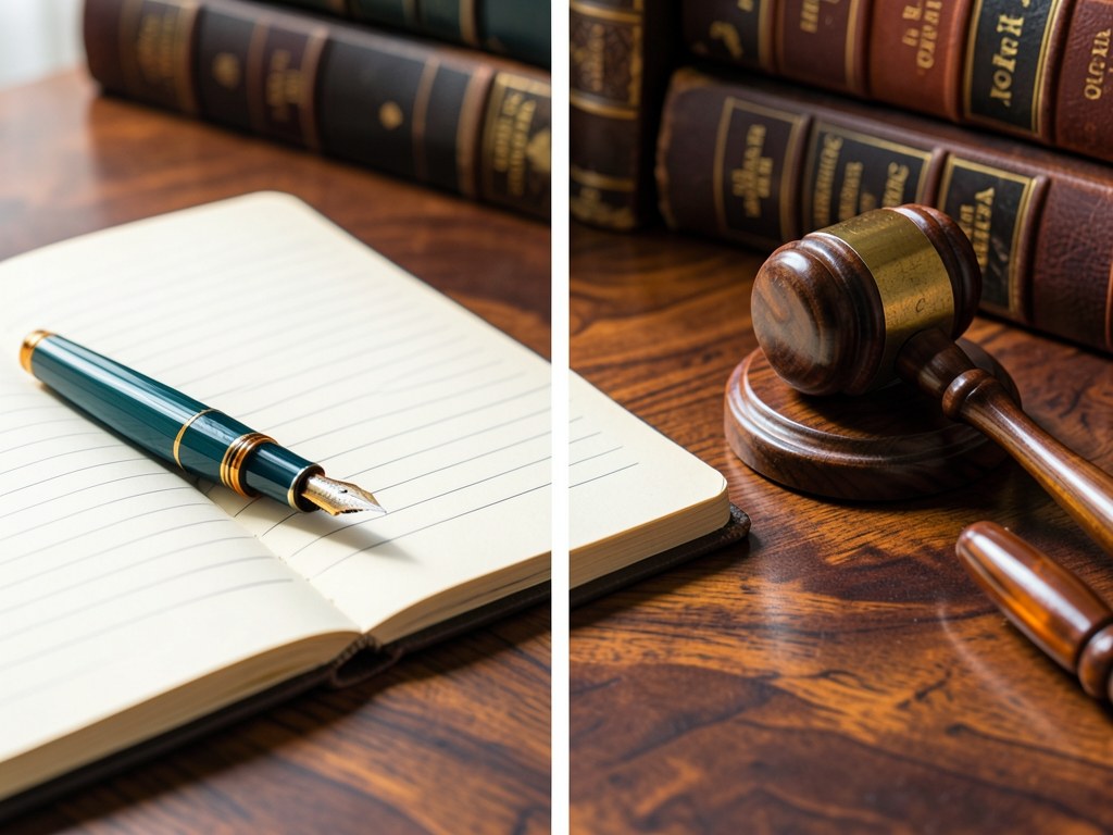 A fountain pen and a notebook on a desk, next to a small gavel and a book, symbolizing editorial standards.
