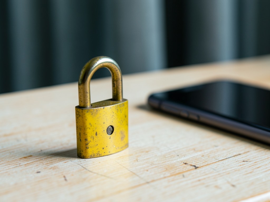 A padlock on a wooden surface with a smart phone and a curtain in the background, symbolizing digital privacy.