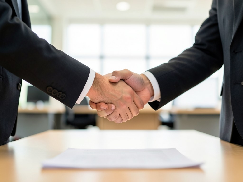 A handshake between two people in a blurred office setting, with a small document on the table, representing agreement.
