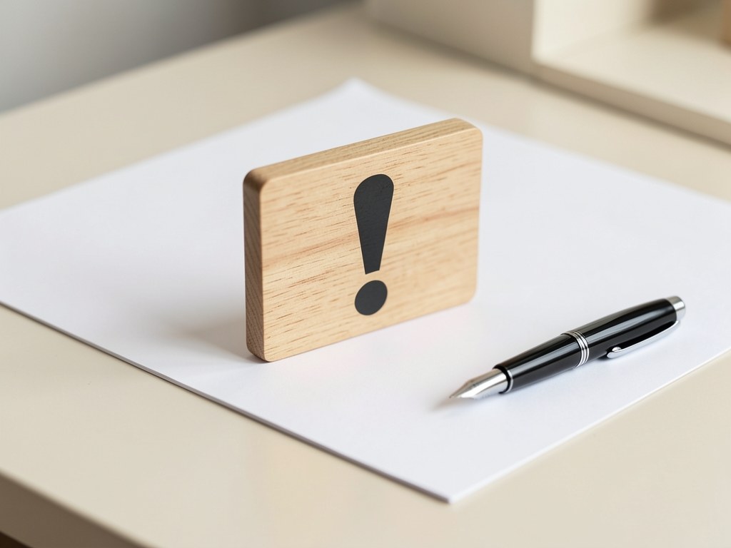 A warning sign with an exclamation mark on a clean desk, next to a legal document and a pen.