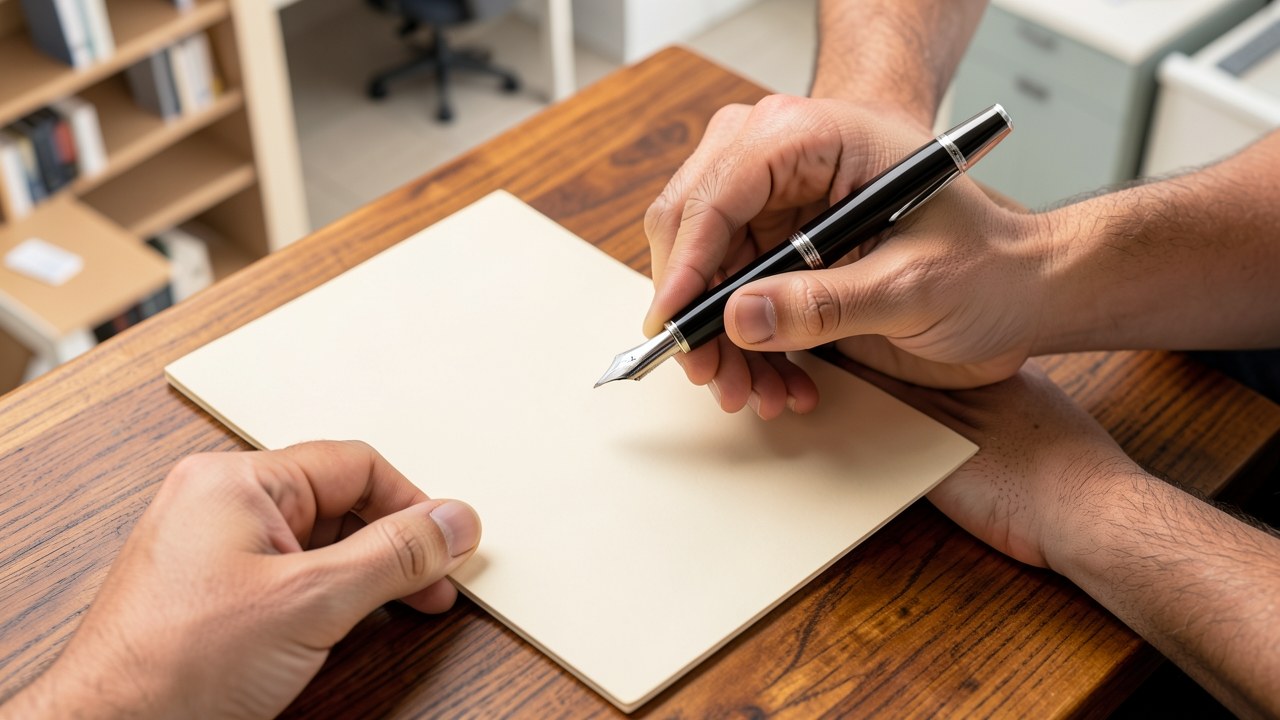 Two hands holding a large pen together over a contract, on a wooden table, symbolizing a shared commitment.