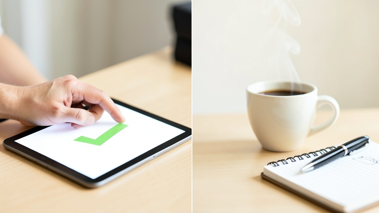 A person using a tablet on a desk, with a small green checkmark symbol on the screen, representing approval.